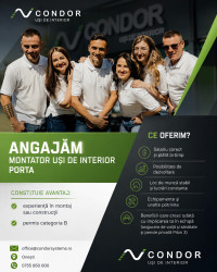 ANGAJĂM MONTATOR UȘI DE INTERIOR PORTA & MONTATOR TÂMPLĂRIE PVC ȘI ALUMINIU